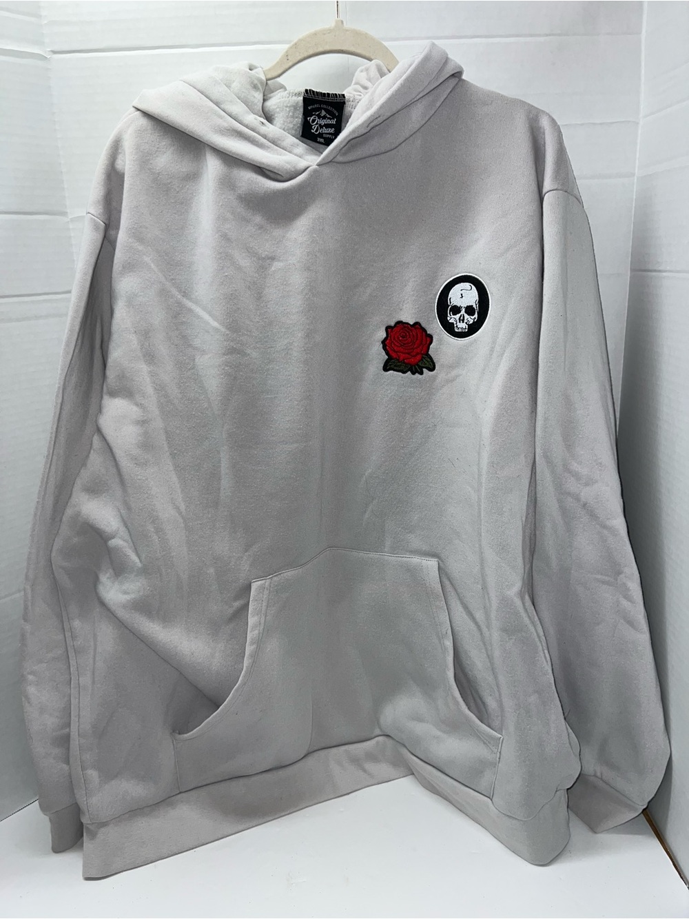 Original Deluxe Light Gray Hoodie with Skull & Red Rose Patch